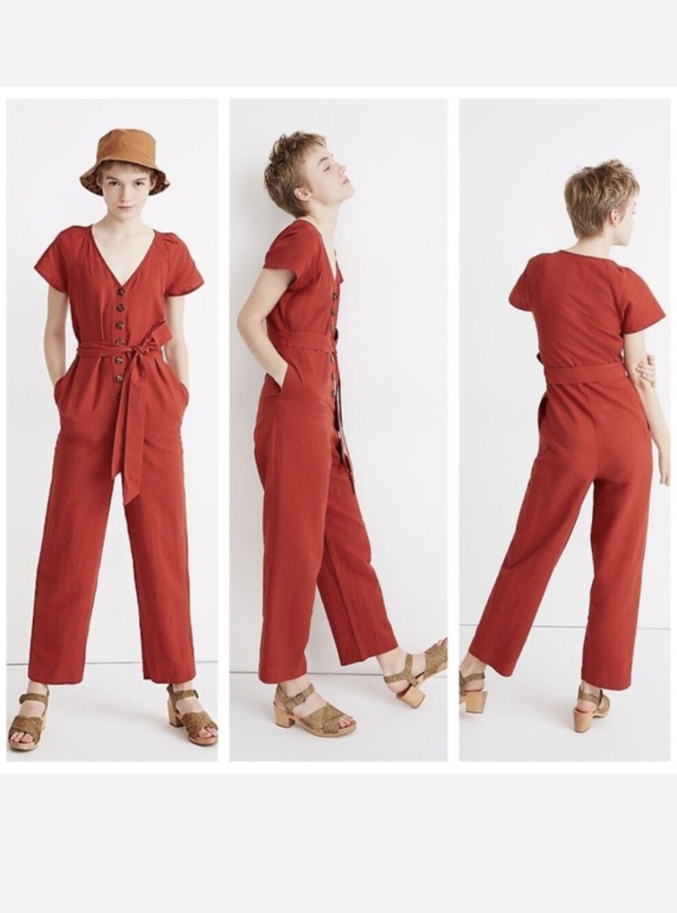 Madewell Linen-Cotton Blend Pleat Sleeve Jumpsuit Dark Cinnabar -- Missing Belt